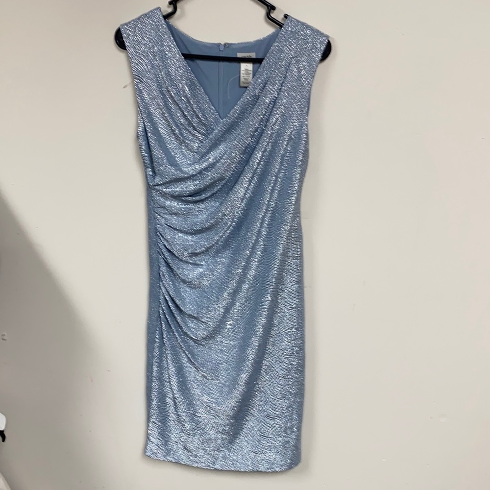 Silver Cache cocktail dress. Hints of blue/gray.